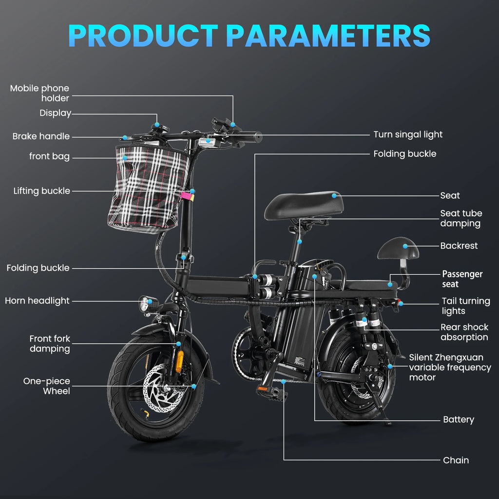 48V/500W Disc Brake Adult Foldable Electric Bicycle 14inch Tubeless Tire 20mile/h Max Speed Fit Riders Up To 70 Inches In Height