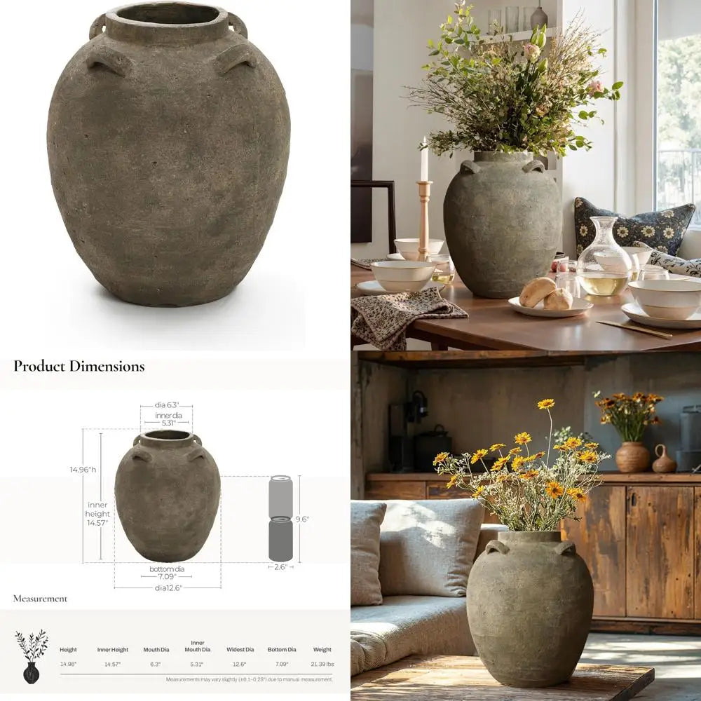 Rustic Terracotta Flower Vase, 15 Inch Tall Brown Cauldron for Living Room Decor, Large Floor Vase Home Decorative Accent