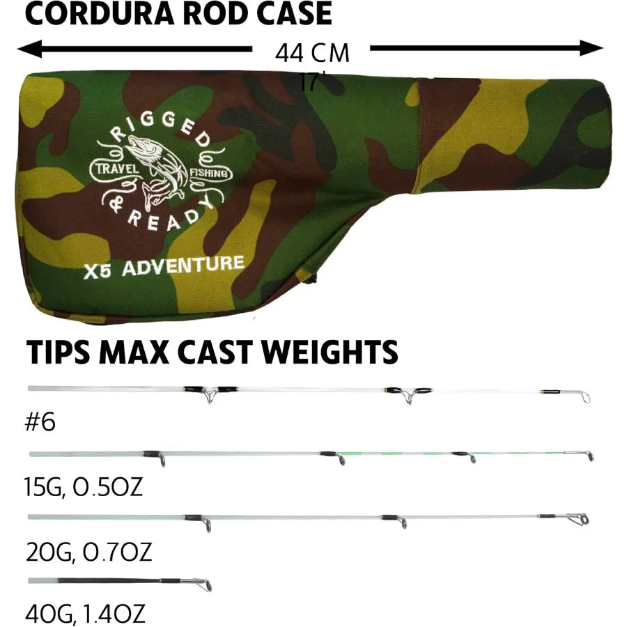 Rigged Ready X Series Travel Fishing Rods. 6 Super Compact MultiFunctional Portable Spin Bass Carp Lure Float Fly Combos + Pole