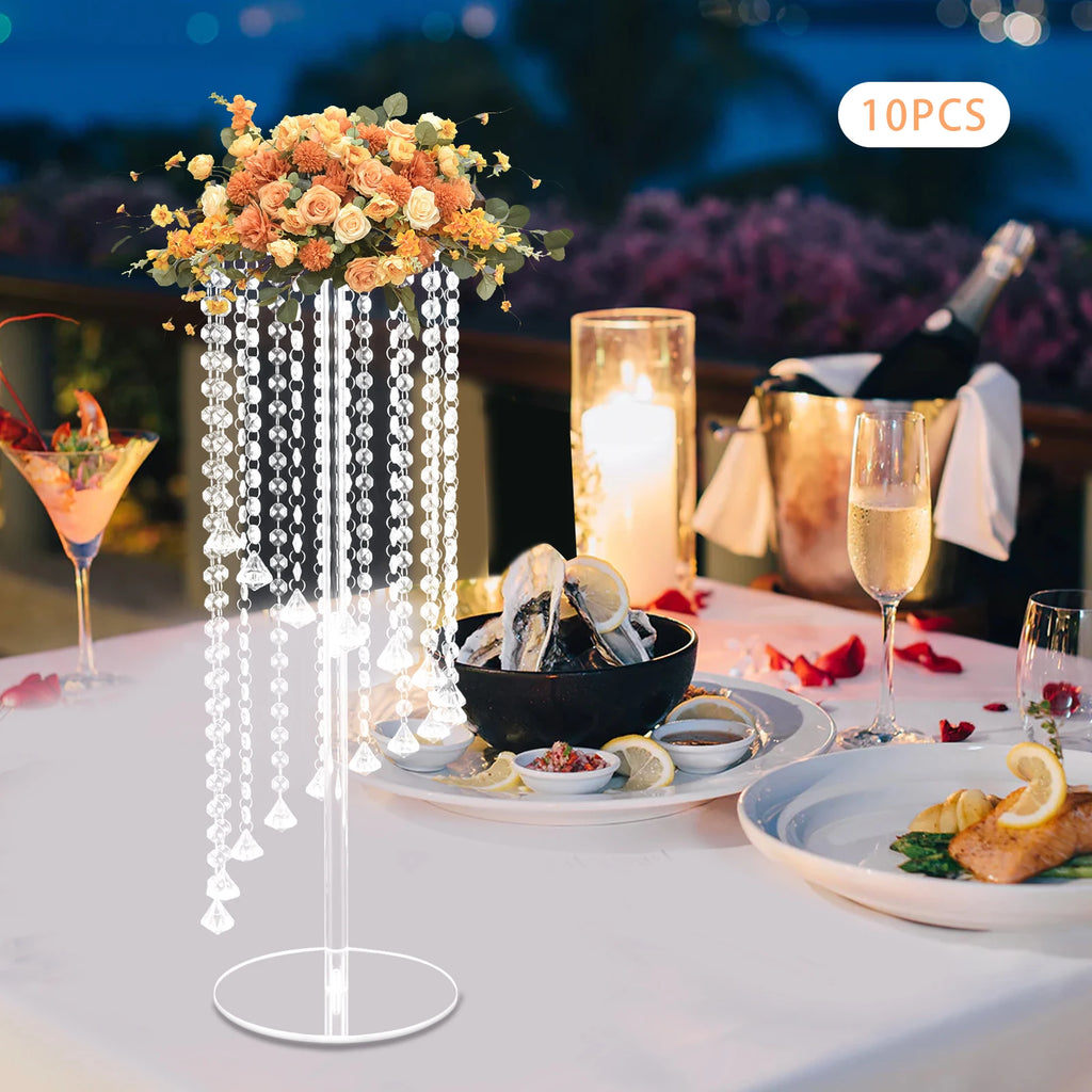 10Pcs Acrylic Crystal Flower Stand Clear Flower Vase 7.9*7.9*23.6in Hanging Beads Centerpieces Elegant Table Decor Flower Holder