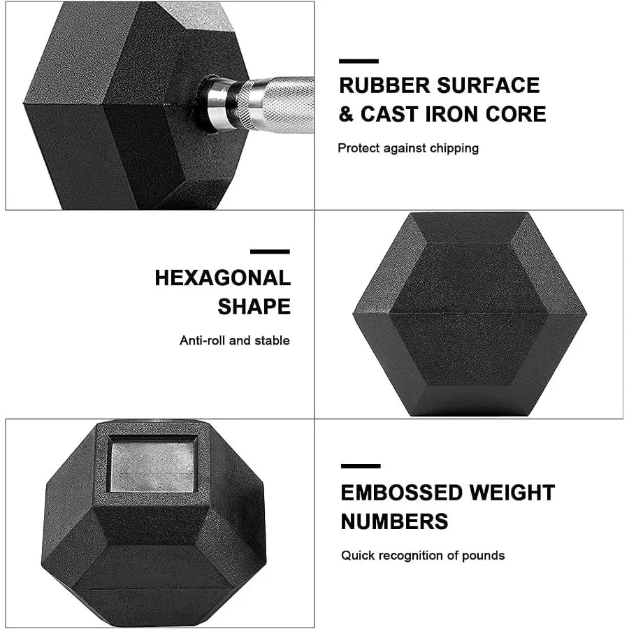 Single Dumbbell Rubber Coated Cast Iron Hex Black Dumbbell Free Weights 3085lb for Home Gym Strength Training and Fitness Exerc