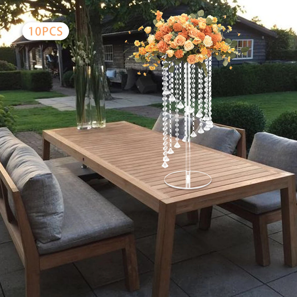 10Pcs Acrylic Crystal Flower Stand Clear Flower Vase 7.9*7.9*23.6in Hanging Beads Centerpieces Elegant Table Decor Flower Holder
