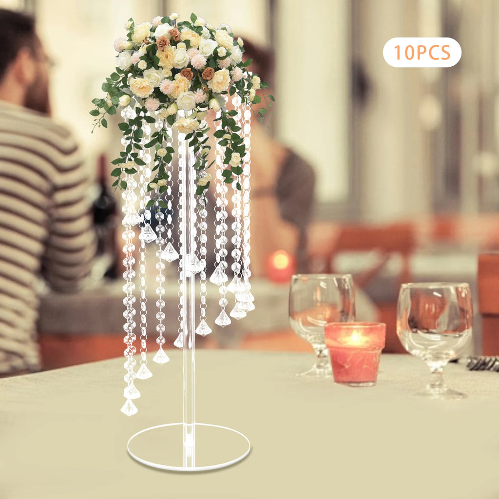 10Pcs Acrylic Crystal Flower Stand Clear Flower Vase 7.9*7.9*23.6in Hanging Beads Centerpieces Elegant Table Decor Flower Holder