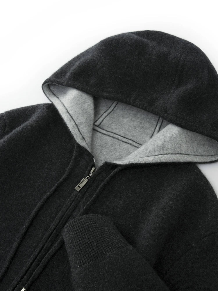 High Quality Autumn Winter Men Hooded Cashmere Sweater Long Sleeve Casual Loose 100% Merino Wool Cardigan Knitwear Clothing Tops