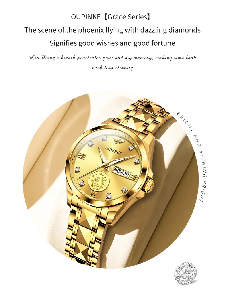 OUPINKE 3259 Real Gold Phoenix Women Watch Luxury Swiss Certified Automatic Mechanical Watch Elegant Travel Dress Women Watch
