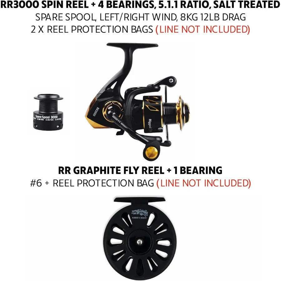 Rigged Ready X Series Travel Fishing Rods. 6 Super Compact MultiFunctional Portable Spin Bass Carp Lure Float Fly Combos + Pole