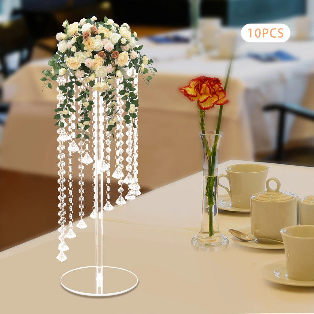 10Pcs Acrylic Crystal Flower Stand Clear Flower Vase 7.9*7.9*23.6in Hanging Beads Centerpieces Elegant Table Decor Flower Holder
