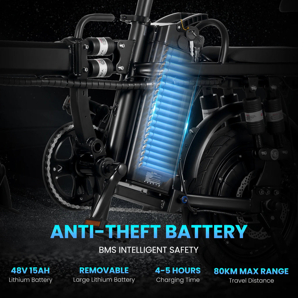 48V/500W Disc Brake Adult Foldable Electric Bicycle 14inch Tubeless Tire 20mile/h Max Speed Fit Riders Up To 70 Inches In Height