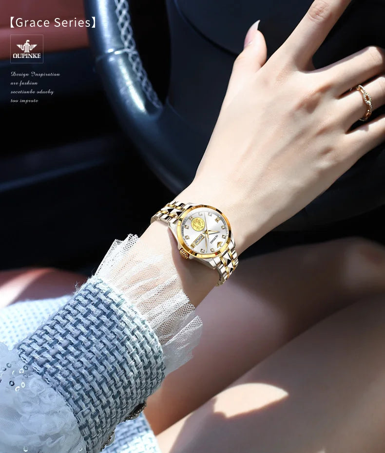 OUPINKE 3259 Real Gold Phoenix Women Watch Luxury Swiss Certified Automatic Mechanical Watch Elegant Travel Dress Women Watch