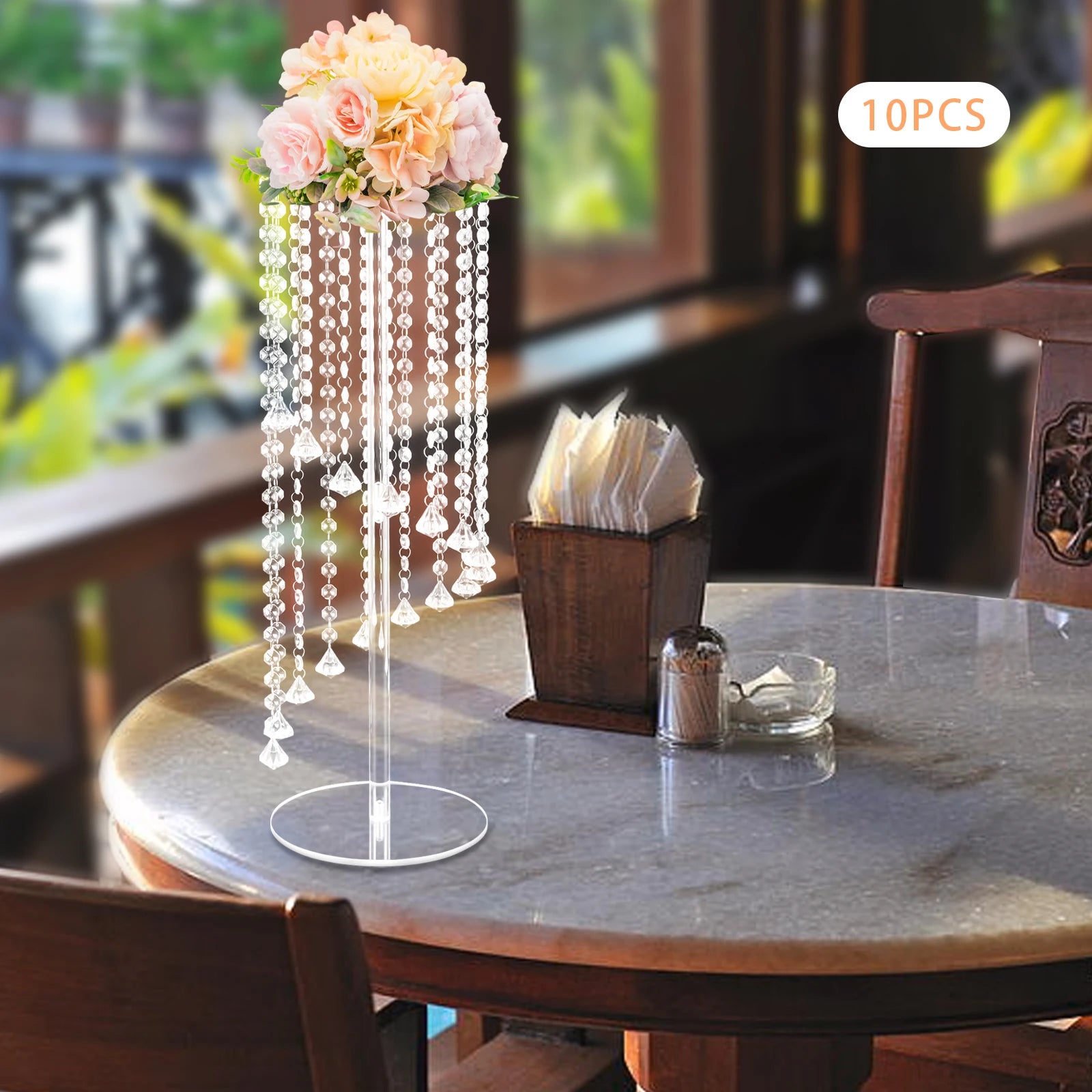 10Pcs Acrylic Crystal Flower Stand Clear Flower Vase 7.9*7.9*23.6in Hanging Beads Centerpieces Elegant Table Decor Flower Holder